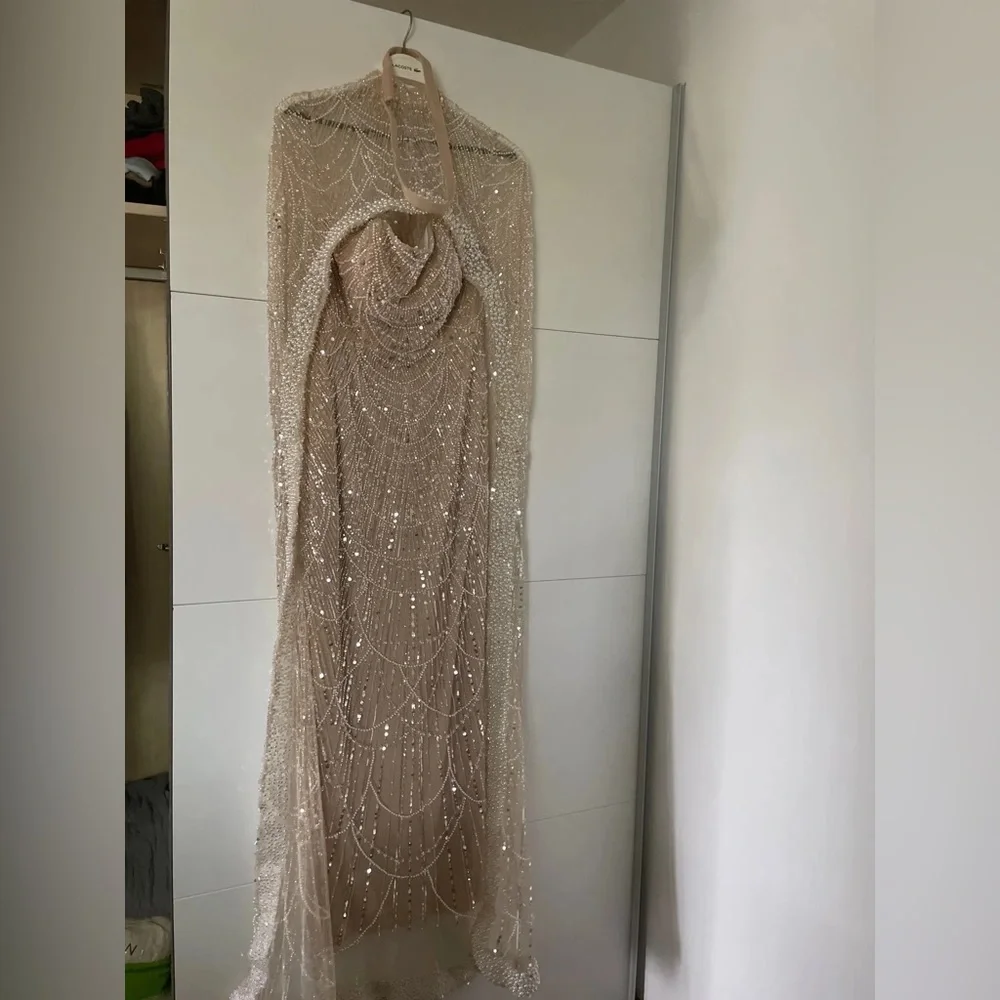 Dubai Arabia Nude Mermaid Long Cape Luxury Evening Dresses Gowns - Picture 6 of 16